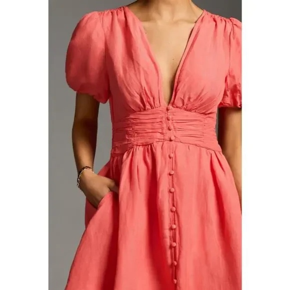 Anthropologie Katerina Tangerine Button Front Deep V-neck Mini Linen Dress XXS